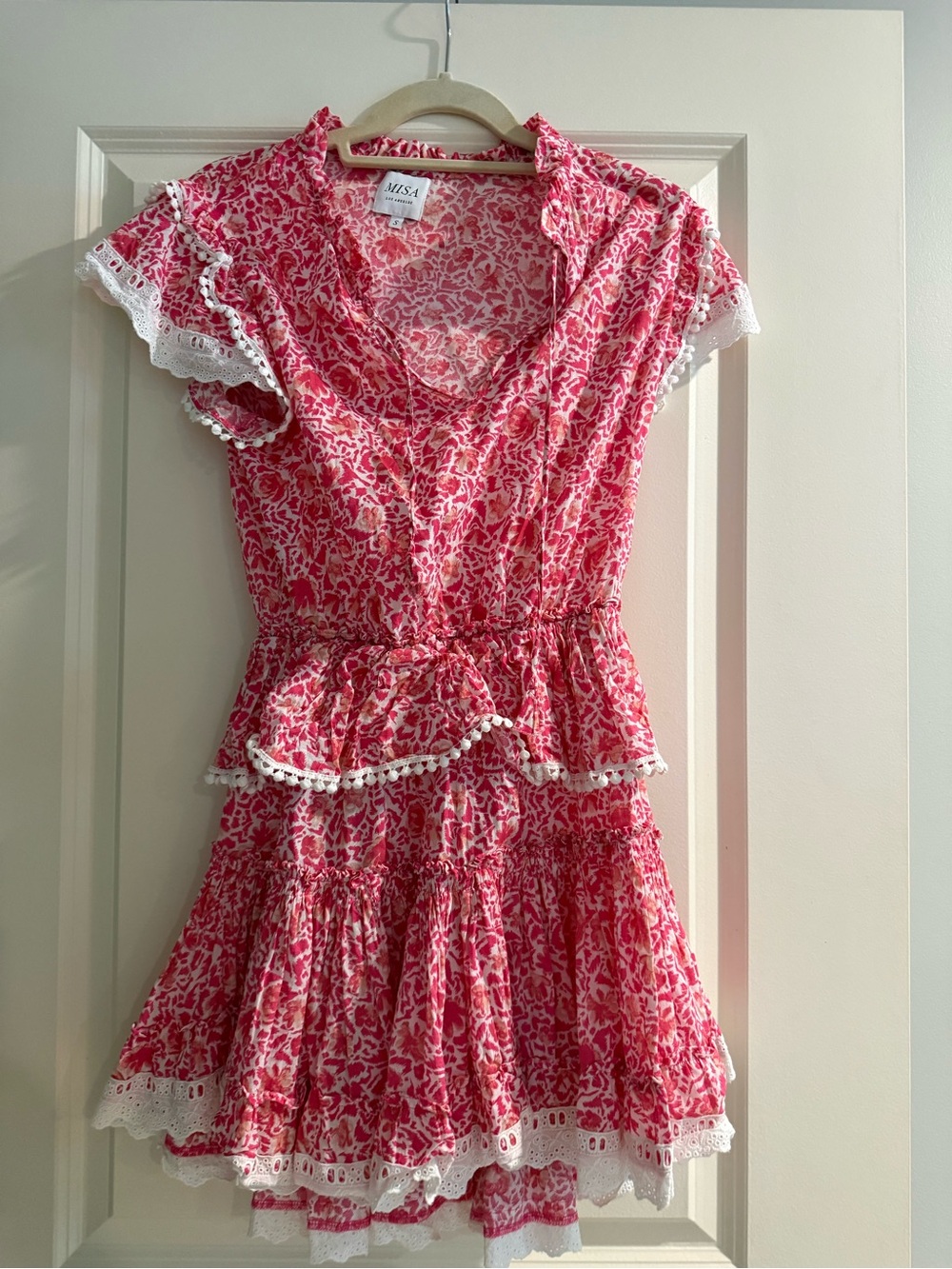 Misa Los Angeles Pink Floral Ruffle Dress with White Lace Trim